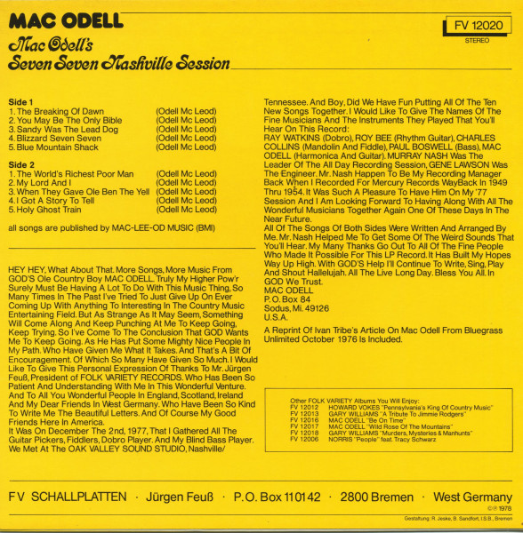 Mac Odell's Seven Seven Nashville Session (LP)