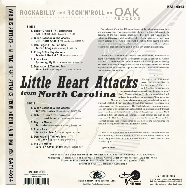 Little Heart Attacks From North Carolina -Rockabilly and Rock 'n' Roll on Oak Records (LP, 10inch &