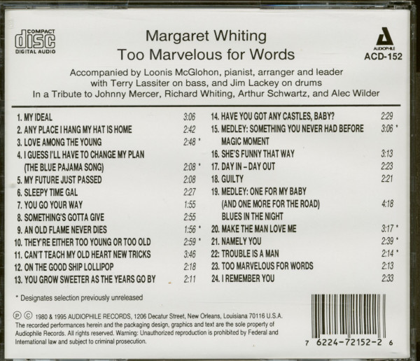 3. Bild von Margaret Whiting: Too Marvelous for Words (CD)